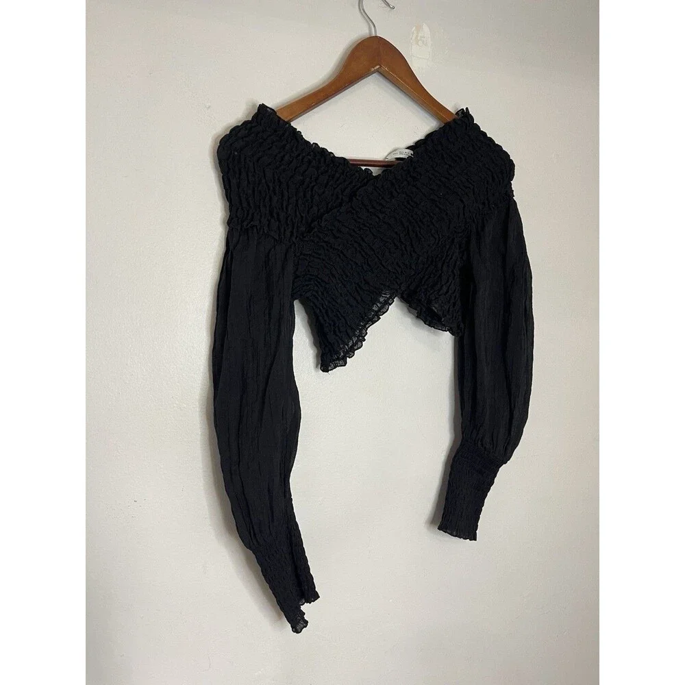 Zara Women's Medium Black Textured Stretchy Criss Cross Long Sleeve Top Blouse